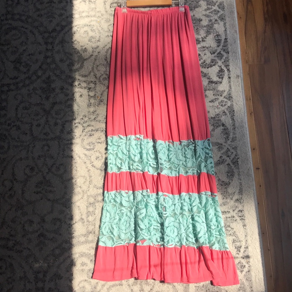 Long Coral Maxi Skirt With Teal Lace
